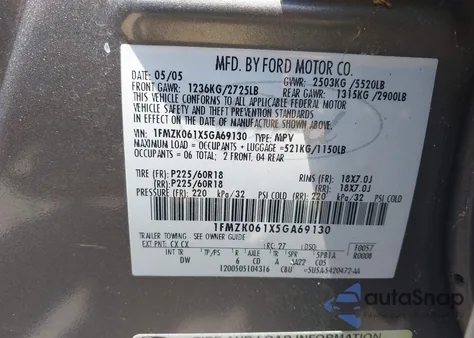 2005 Ford Freestyle Limited from USA, damaged, VIN 1FMZK061X5GA69130